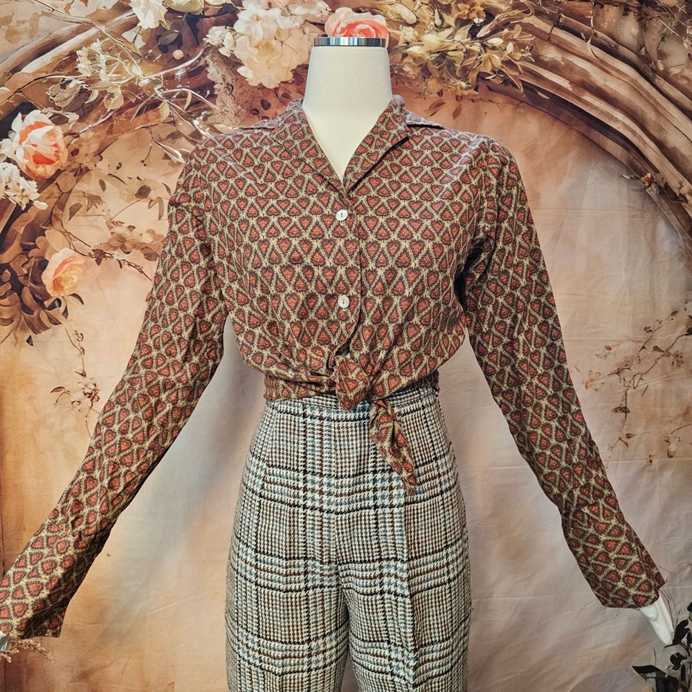 Vintage 1960s Evan-Picone Geometric Abstract Print Blouse Rust Brown Pima Cotton